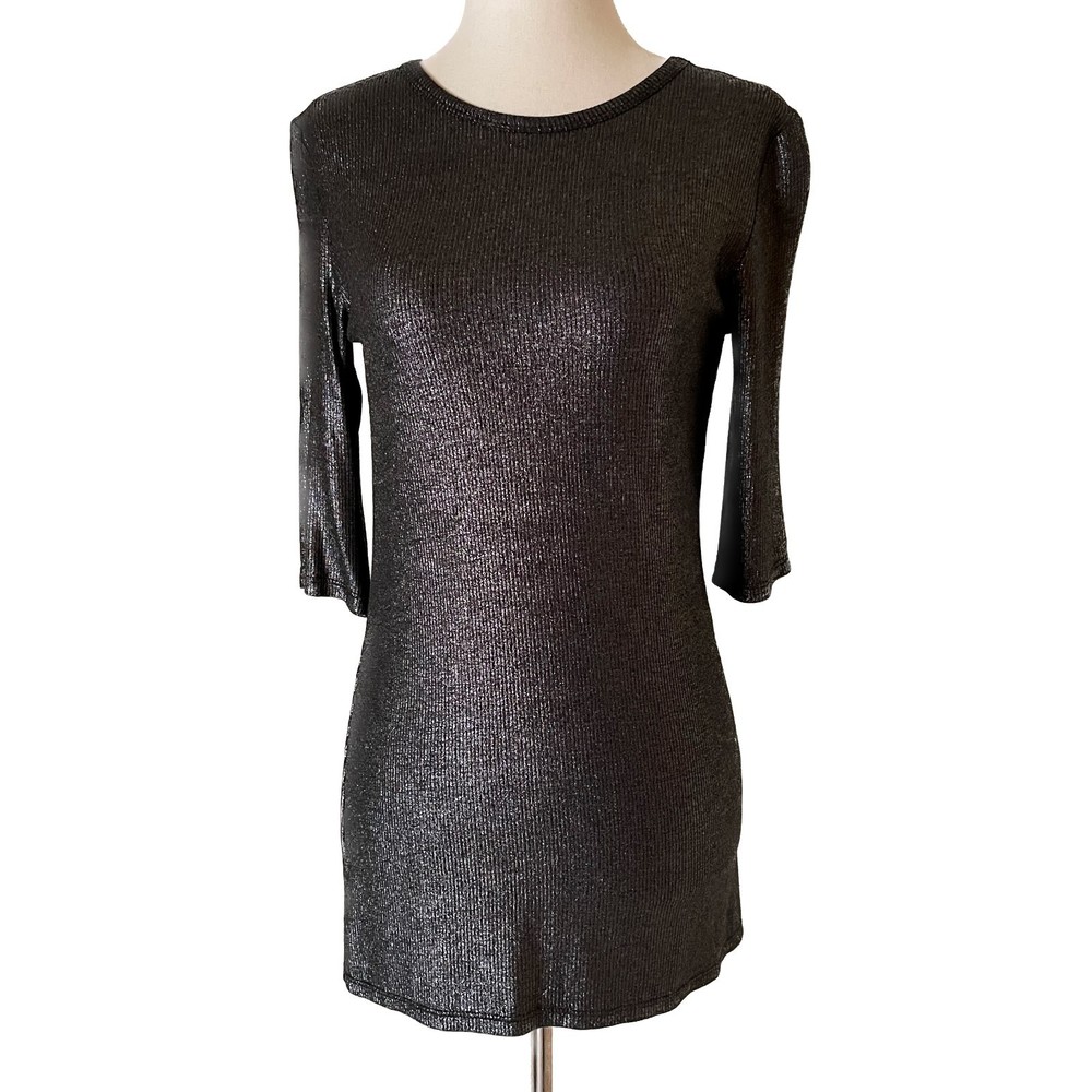 LOLA & SOPHIE New Gunmetal Metallic Pullover Sweater, 3/4 Sleeves, Size S
